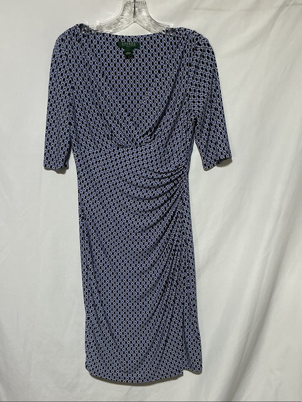 Lauren Ralph Lauren Navy & White Geometric Ruched Midi Sheath Dress Sz 4